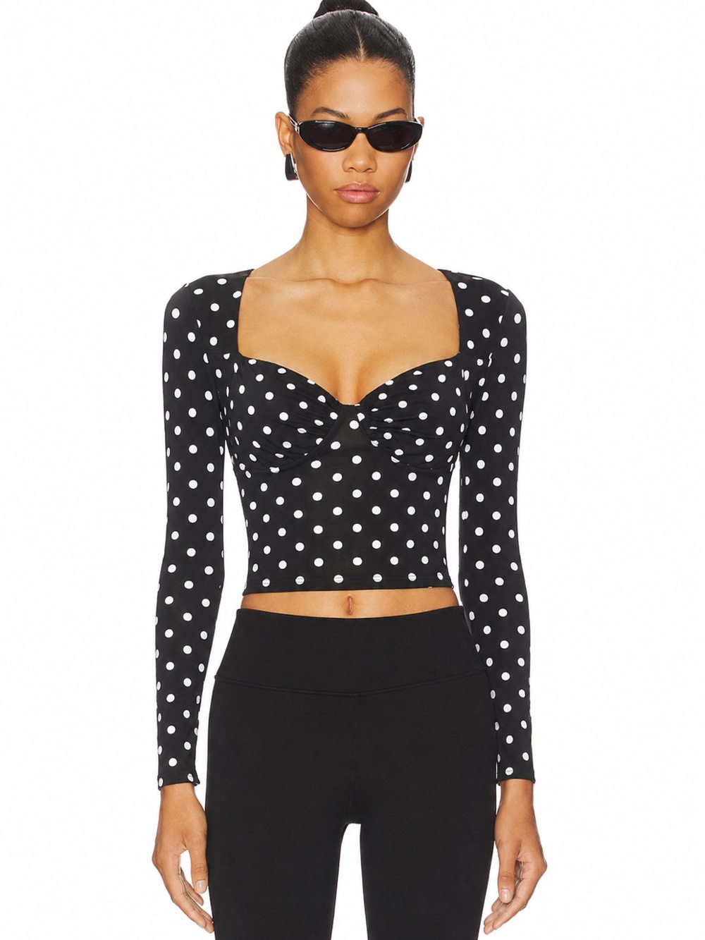 Polka Dot Long-Sleeve Sweetheart Crop Top - Black/White